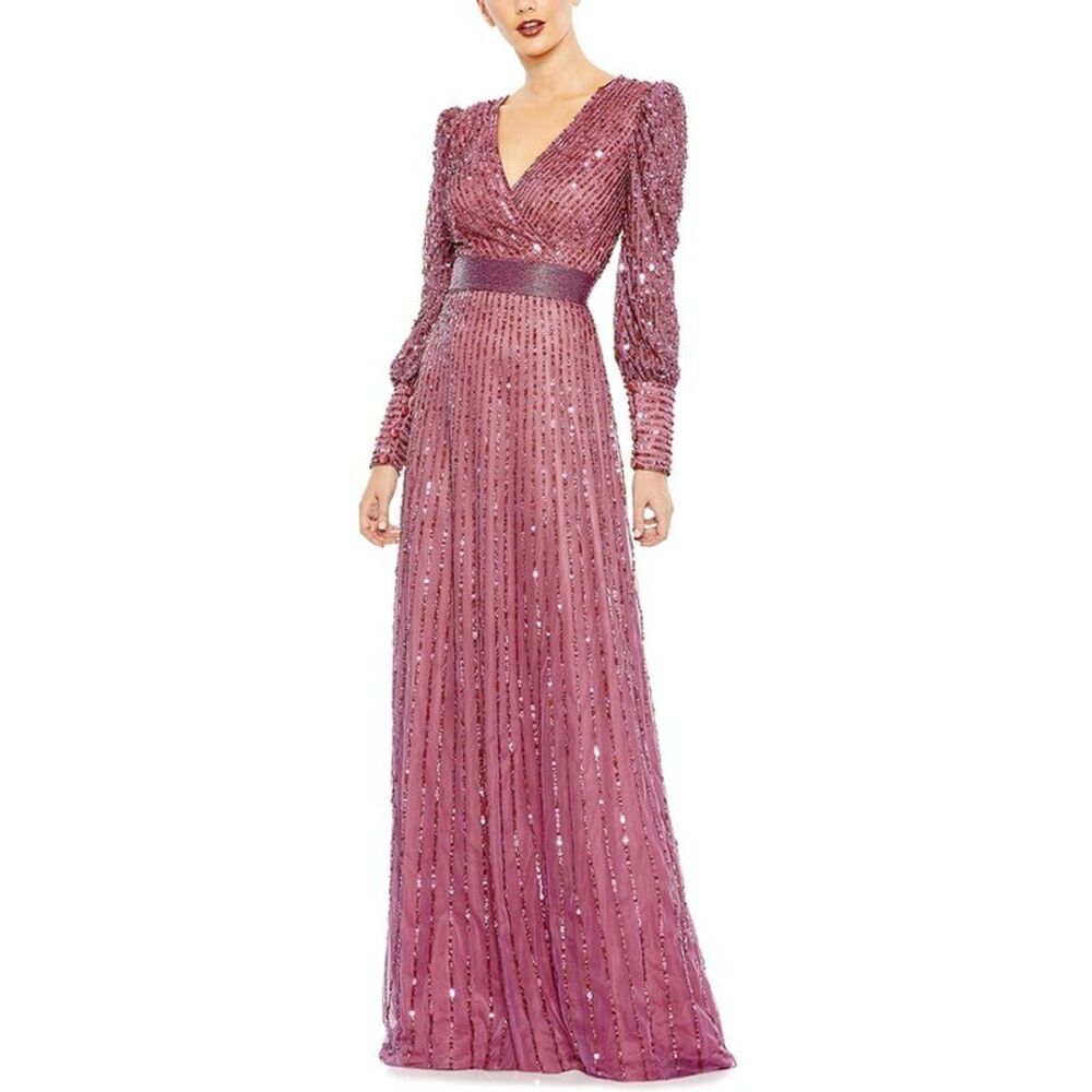 Mac Duggal Womens  Sequin Mesh Wrap Over Bishop Sleeve A-Line Gown, Purple